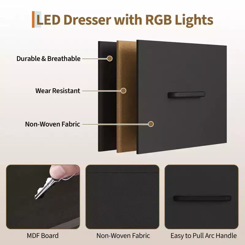 Commode de chambre large de 124 cm avec tringle à vêtements, commode réversible à 6 tiroirs, lumières LED et station de recharge USB, panneaux frontaux en tissu