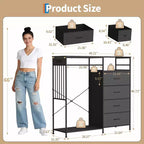 Commode de chambre large de 124 cm avec tringle à vêtements, commode réversible à 6 tiroirs, lumières LED et station de recharge USB, panneaux frontaux en tissu