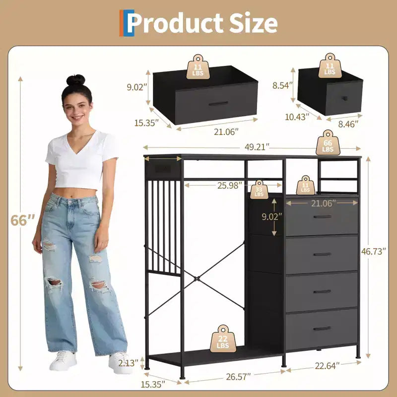 Commode de chambre large de 124 cm avec tringle à vêtements, commode réversible à 6 tiroirs, lumières LED et station de recharge USB, panneaux frontaux en tissu