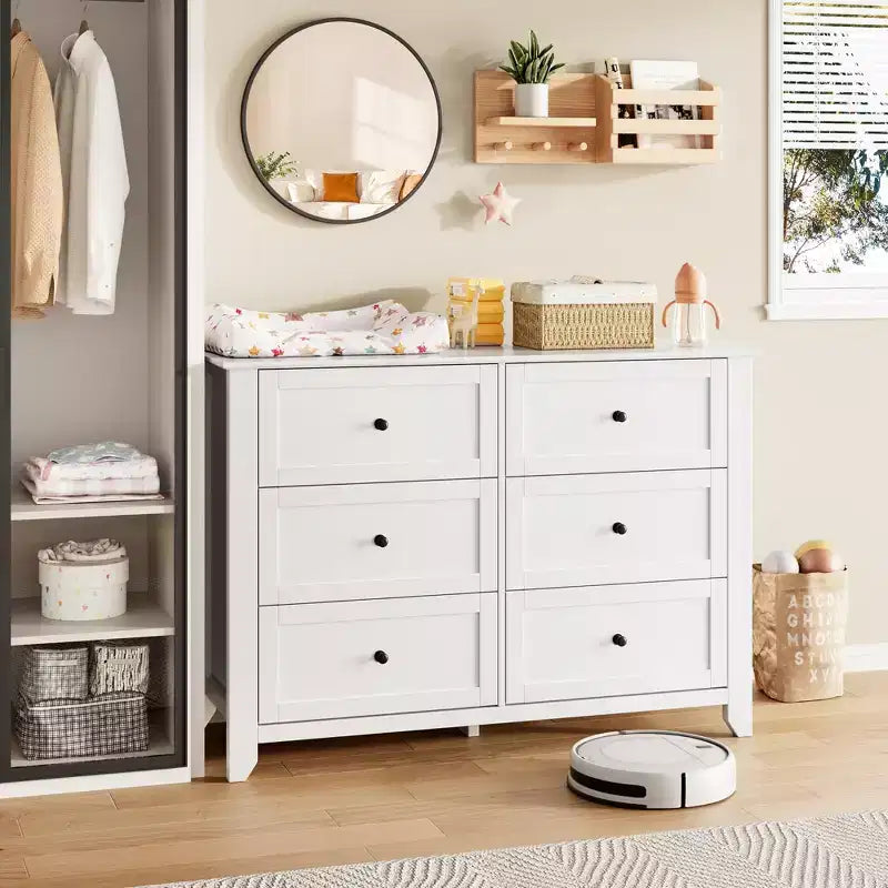 COZONY Commode à 6 tiroirs pour chambre à coucher, commode moderne en bois avec tiroirs de rangement profonds et poignées métalliques, pour entrée ou couloir