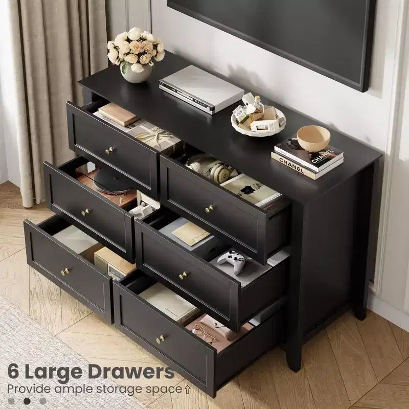 COZONY Commode à 6 tiroirs pour chambre à coucher, commode moderne en bois avec tiroirs de rangement profonds et poignées métalliques, pour entrée ou couloir