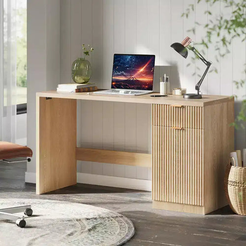 60 Fluted Executive Desk with Storage Cabinet - Modern Wood Office Desk with Drawers for Home Office Study Room - Natural Oak