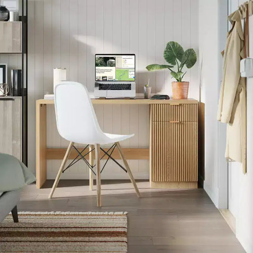 Bureau de direction cannelé de 60 pouces avec armoire de rangement - Bureau d'ordinateur moderne en bois avec tiroirs pour bureau à domicile, salle d'étude - Chêne naturel