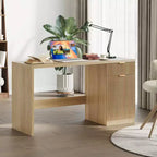 Bureau de direction cannelé de 60 pouces avec armoire de rangement - Bureau d'ordinateur moderne en bois avec tiroirs pour bureau à domicile, salle d'étude - Chêne naturel