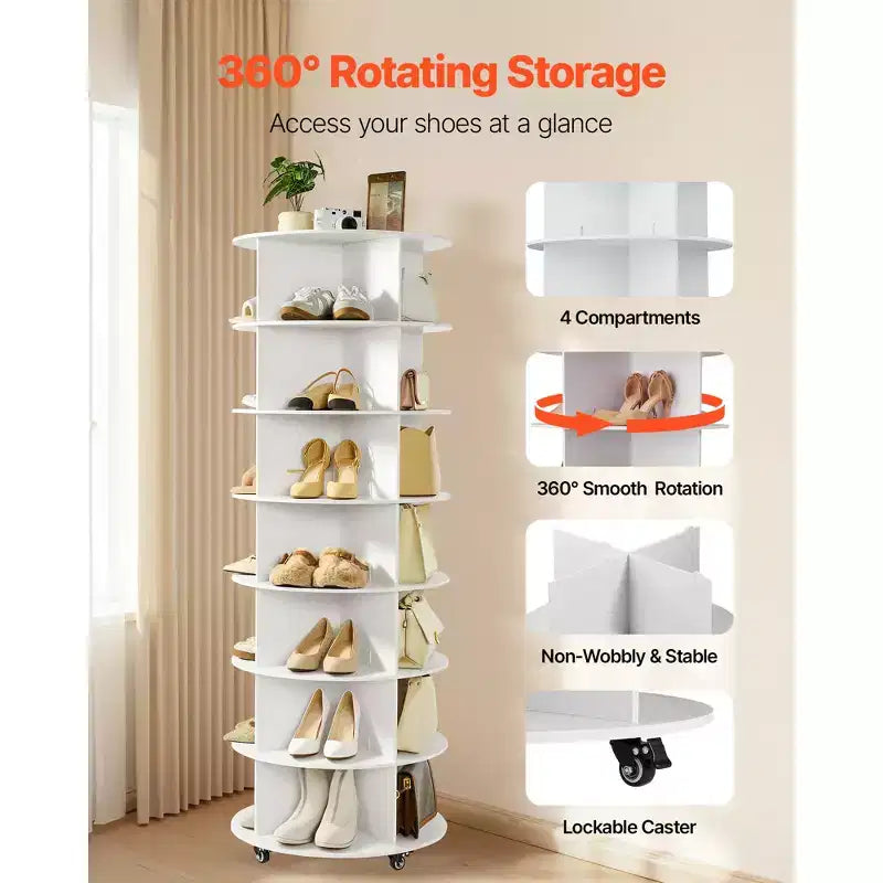 Meuble à chaussures rotatif à 7 niveaux VEVOR avec roulettes, tour de rangement mobile pivotante à 360°, étagère de rangement paresseuse, blanc