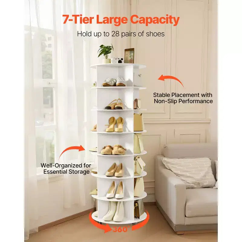 Meuble à chaussures rotatif à 7 niveaux VEVOR avec roulettes, tour de rangement mobile pivotante à 360°, étagère de rangement paresseuse, blanc
