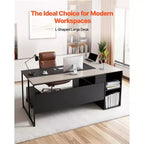 VEVOR Bureau de Direction en L, Grande Table de Bureau Moderne avec Tiroirs, Armoire de Rangement et Support d'UC, Capacité de Charge de 159 kg, Noir et Marron