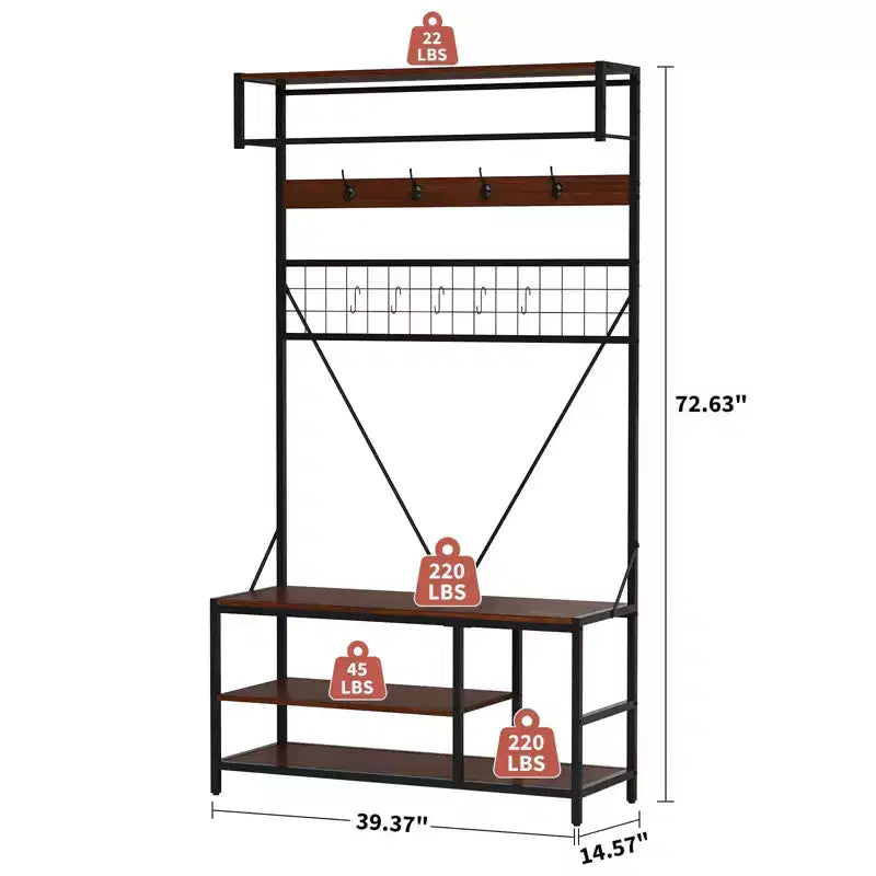 Meuble d'entrée avec banc et rangement à chaussures, Banc à chaussures d'entrée 5 en 1 avec porte-manteau, Porte-manteau et porte-chaussures 100 cm, Barre de suspension et 9 crochets