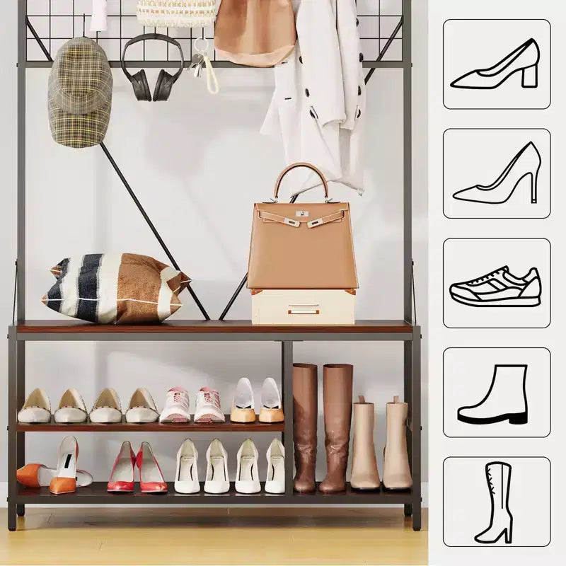 Meuble d'entrée avec banc et rangement à chaussures, Banc à chaussures d'entrée 5 en 1 avec porte-manteau, Porte-manteau et porte-chaussures 100 cm, Barre de suspension et 9 crochets