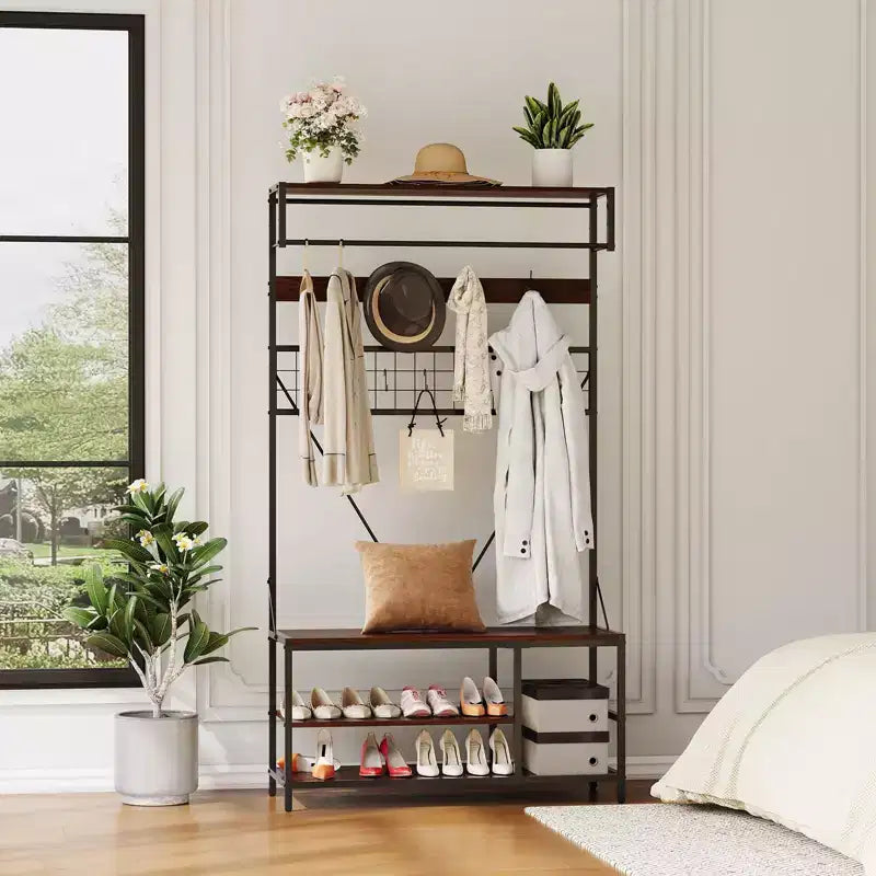 Meuble d'entrée avec banc et rangement à chaussures, Banc à chaussures d'entrée 5 en 1 avec porte-manteau, Porte-manteau et porte-chaussures 100 cm, Barre de suspension et 9 crochets