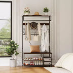Meuble d'entrée avec banc et rangement à chaussures, Banc à chaussures d'entrée 5 en 1 avec porte-manteau, Porte-manteau et porte-chaussures 100 cm, Barre de suspension et 9 crochets