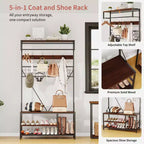 Meuble d'entrée avec banc et rangement à chaussures, Banc à chaussures d'entrée 5 en 1 avec porte-manteau, Porte-manteau et porte-chaussures 100 cm, Barre de suspension et 9 crochets