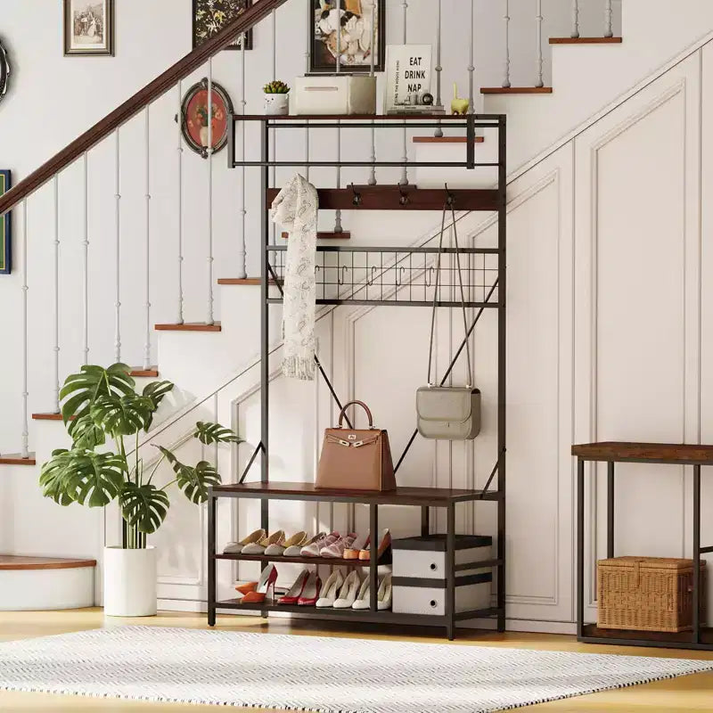 Meuble d'entrée avec banc et rangement à chaussures, Banc à chaussures d'entrée 5 en 1 avec porte-manteau, Porte-manteau et porte-chaussures 100 cm, Barre de suspension et 9 crochets