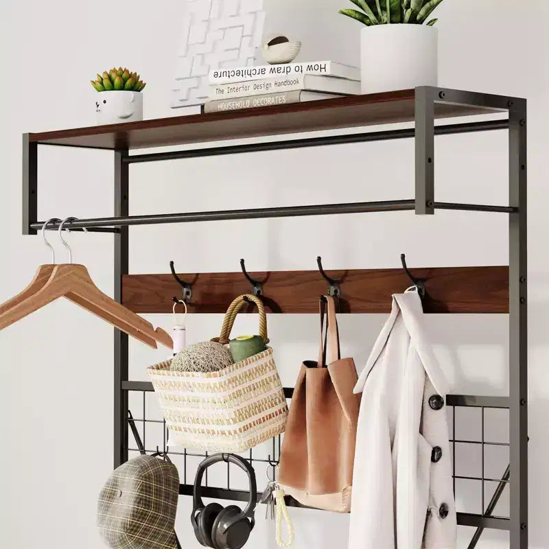 Meuble d'entrée avec banc et rangement à chaussures, Banc à chaussures d'entrée 5 en 1 avec porte-manteau, Porte-manteau et porte-chaussures 100 cm, Barre de suspension et 9 crochets