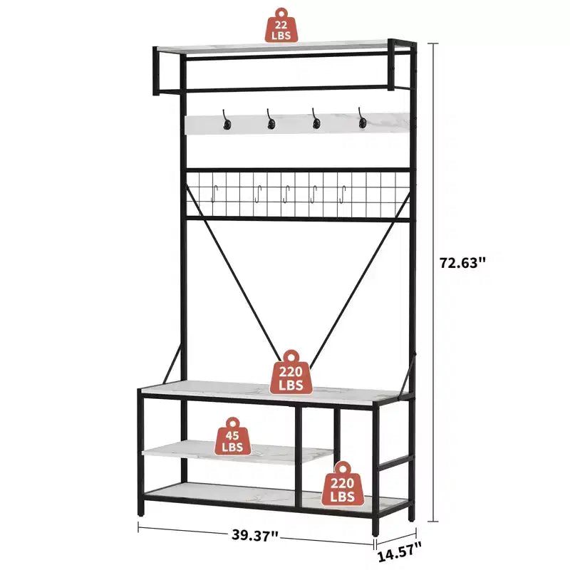 Meuble d'entrée avec banc et rangement à chaussures, Banc à chaussures d'entrée 5 en 1 avec porte-manteau, Porte-manteau et porte-chaussures 100 cm, Barre de suspension et 9 crochets