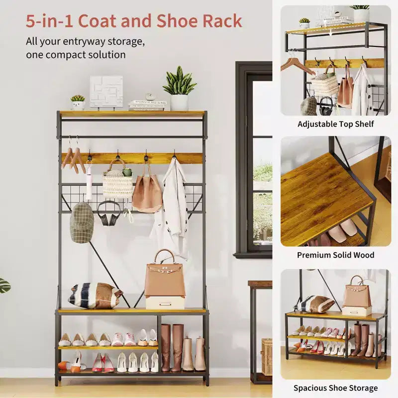Meuble d'entrée avec banc et rangement à chaussures, Banc à chaussures d'entrée 5 en 1 avec porte-manteau, Porte-manteau et porte-chaussures 100 cm, Barre de suspension et 9 crochets