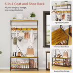 Meuble d'entrée avec banc et rangement à chaussures, Banc à chaussures d'entrée 5 en 1 avec porte-manteau, Porte-manteau et porte-chaussures 100 cm, Barre de suspension et 9 crochets