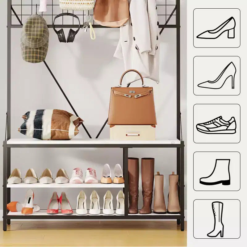 Meuble d'entrée avec banc et rangement à chaussures, Banc à chaussures d'entrée 5 en 1 avec porte-manteau, Porte-manteau et porte-chaussures 100 cm, Barre de suspension et 9 crochets