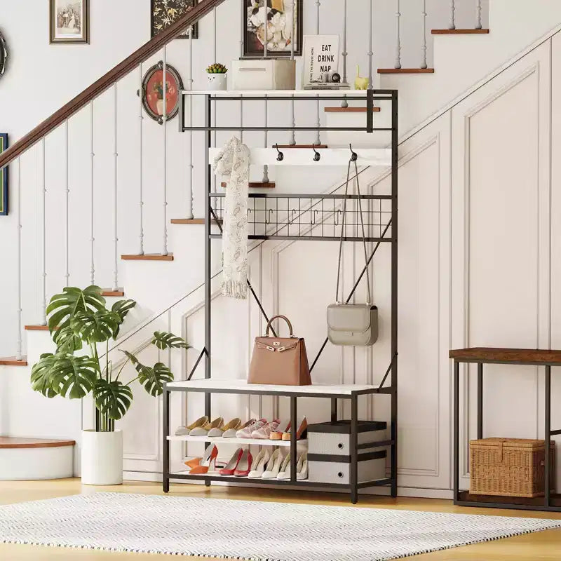 Meuble d'entrée avec banc et rangement à chaussures, Banc à chaussures d'entrée 5 en 1 avec porte-manteau, Porte-manteau et porte-chaussures 100 cm, Barre de suspension et 9 crochets