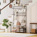 Meuble d'entrée avec banc et rangement à chaussures, Banc à chaussures d'entrée 5 en 1 avec porte-manteau, Porte-manteau et porte-chaussures 100 cm, Barre de suspension et 9 crochets