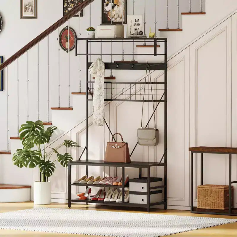 Meuble d'entrée avec banc et rangement à chaussures, Banc à chaussures d'entrée 5 en 1 avec porte-manteau, Porte-manteau et porte-chaussures 100 cm, Barre de suspension et 9 crochets