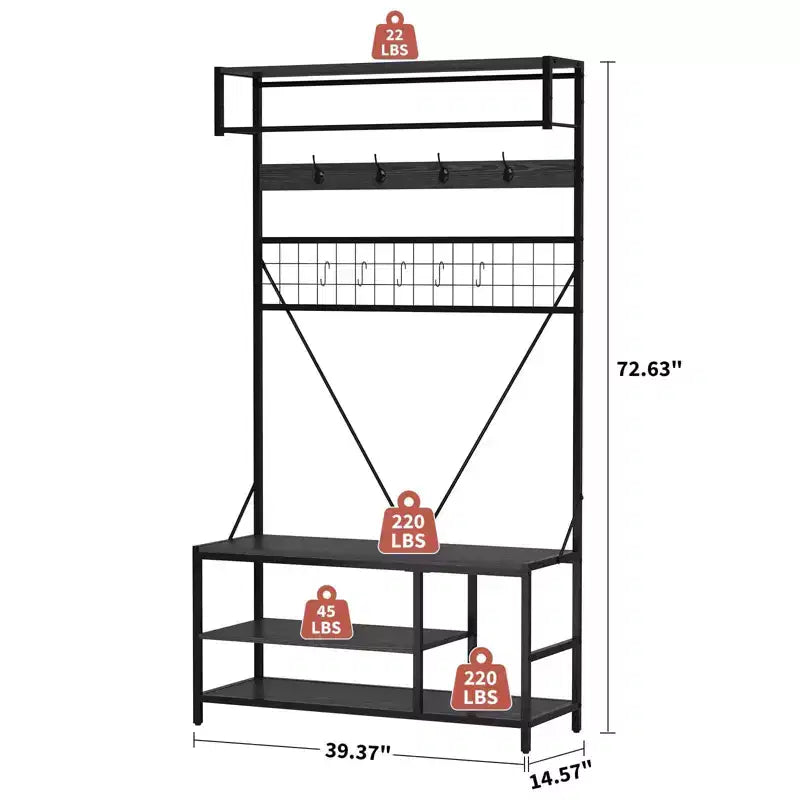 Meuble d'entrée avec banc et rangement à chaussures, Banc à chaussures d'entrée 5 en 1 avec porte-manteau, Porte-manteau et porte-chaussures 100 cm, Barre de suspension et 9 crochets