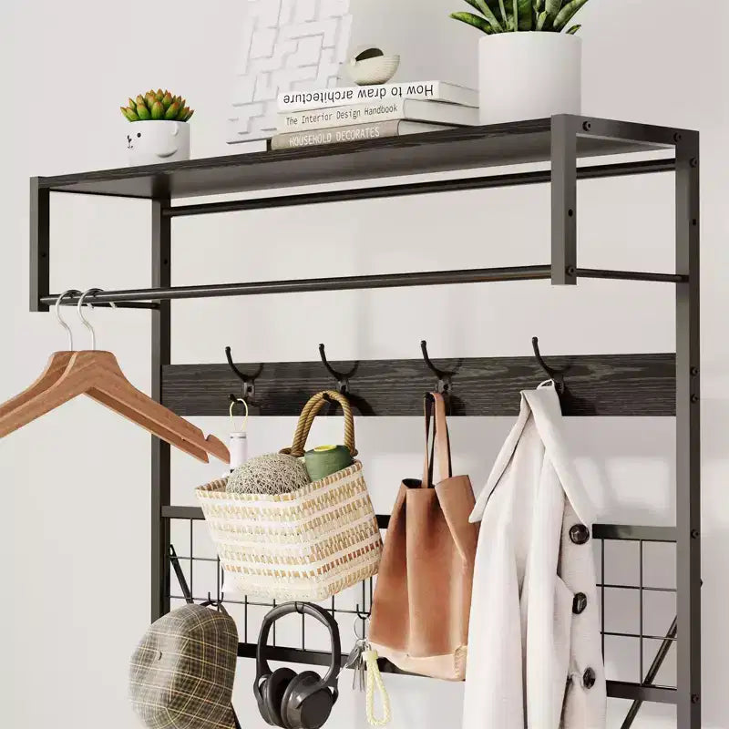 Meuble d'entrée avec banc et rangement à chaussures, Banc à chaussures d'entrée 5 en 1 avec porte-manteau, Porte-manteau et porte-chaussures 100 cm, Barre de suspension et 9 crochets