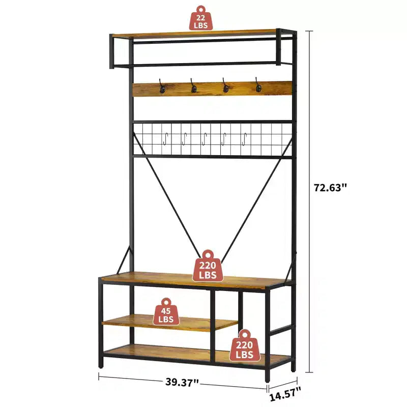 Meuble d'entrée avec banc et rangement à chaussures, Banc à chaussures d'entrée 5 en 1 avec porte-manteau, Porte-manteau et porte-chaussures 100 cm, Barre de suspension et 9 crochets