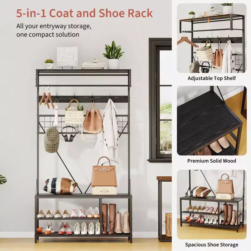 Meuble d'entrée avec banc et rangement à chaussures, Banc à chaussures d'entrée 5 en 1 avec porte-manteau, Porte-manteau et porte-chaussures 100 cm, Barre de suspension et 9 crochets