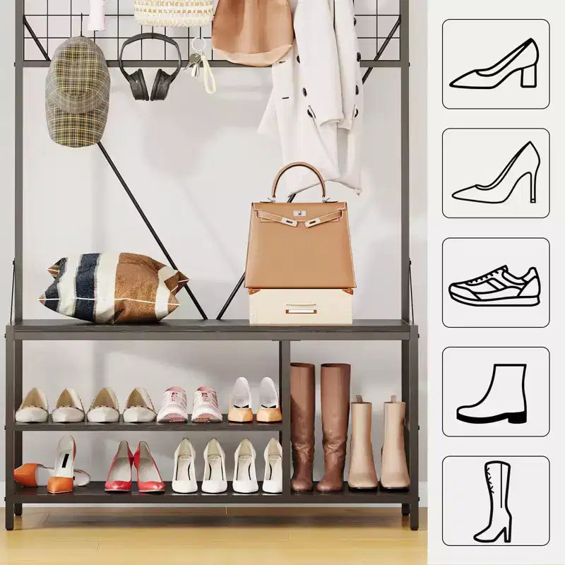 Meuble d'entrée avec banc et rangement à chaussures, Banc à chaussures d'entrée 5 en 1 avec porte-manteau, Porte-manteau et porte-chaussures 100 cm, Barre de suspension et 9 crochets