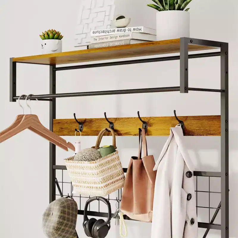Meuble d'entrée avec banc et rangement à chaussures, Banc à chaussures d'entrée 5 en 1 avec porte-manteau, Porte-manteau et porte-chaussures 100 cm, Barre de suspension et 9 crochets