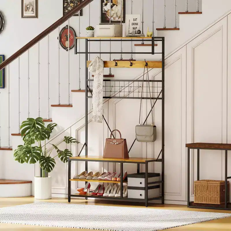 Meuble d'entrée avec banc et rangement à chaussures, Banc à chaussures d'entrée 5 en 1 avec porte-manteau, Porte-manteau et porte-chaussures 100 cm, Barre de suspension et 9 crochets