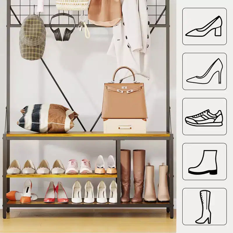 Meuble d'entrée avec banc et rangement à chaussures, Banc à chaussures d'entrée 5 en 1 avec porte-manteau, Porte-manteau et porte-chaussures 100 cm, Barre de suspension et 9 crochets