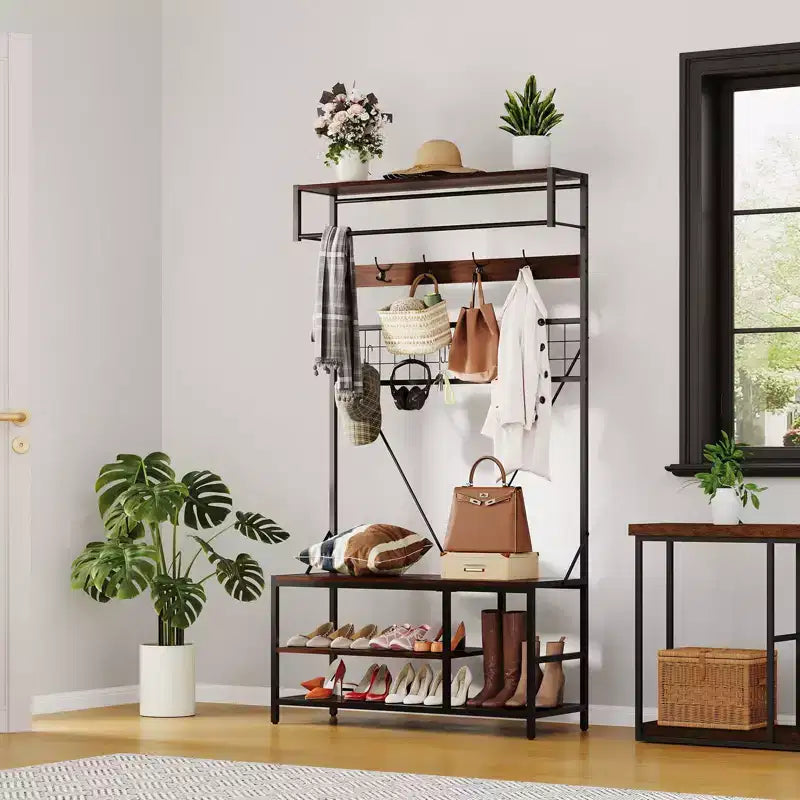 Meuble d'entrée avec banc et rangement à chaussures, Banc à chaussures d'entrée 5 en 1 avec porte-manteau, Porte-manteau et porte-chaussures 100 cm, Barre de suspension et 9 crochets