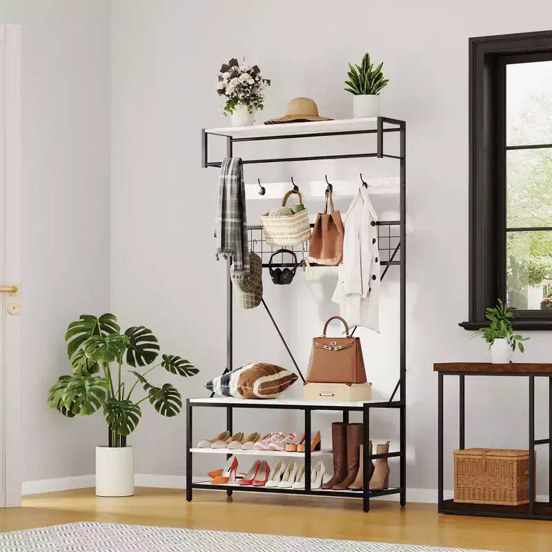 Meuble d'entrée avec banc et rangement à chaussures, Banc à chaussures d'entrée 5 en 1 avec porte-manteau, Porte-manteau et porte-chaussures 100 cm, Barre de suspension et 9 crochets