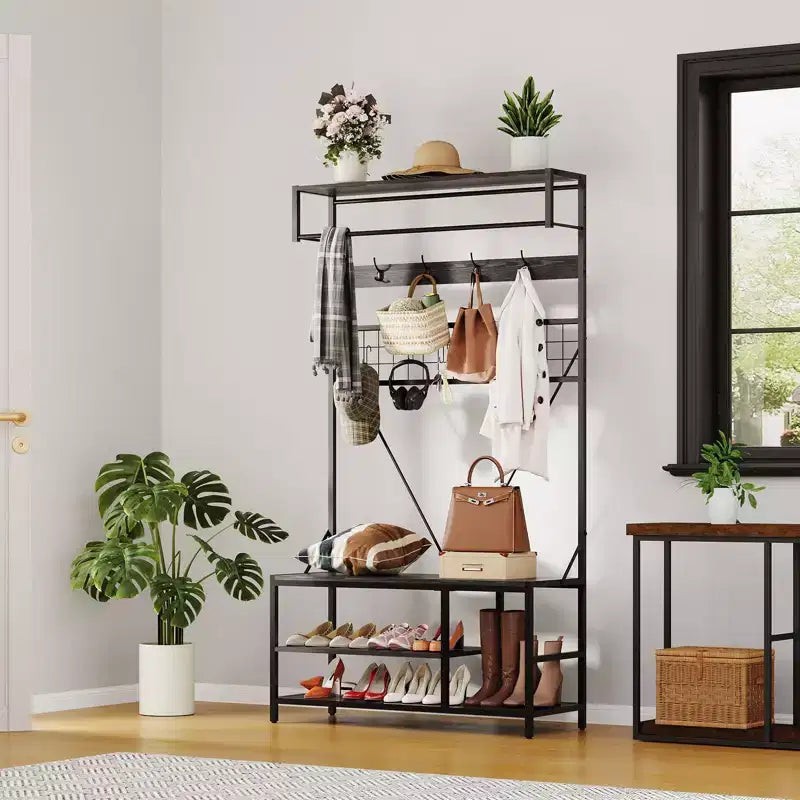 Meuble d'entrée avec banc et rangement à chaussures, Banc à chaussures d'entrée 5 en 1 avec porte-manteau, Porte-manteau et porte-chaussures 100 cm, Barre de suspension et 9 crochets