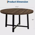 Table à manger ronde de 120 cm pour 4 personnes, table de salle à manger de cuisine avec cadre en métal robuste, table de cuisine circulaire en bois pour gagner de la place