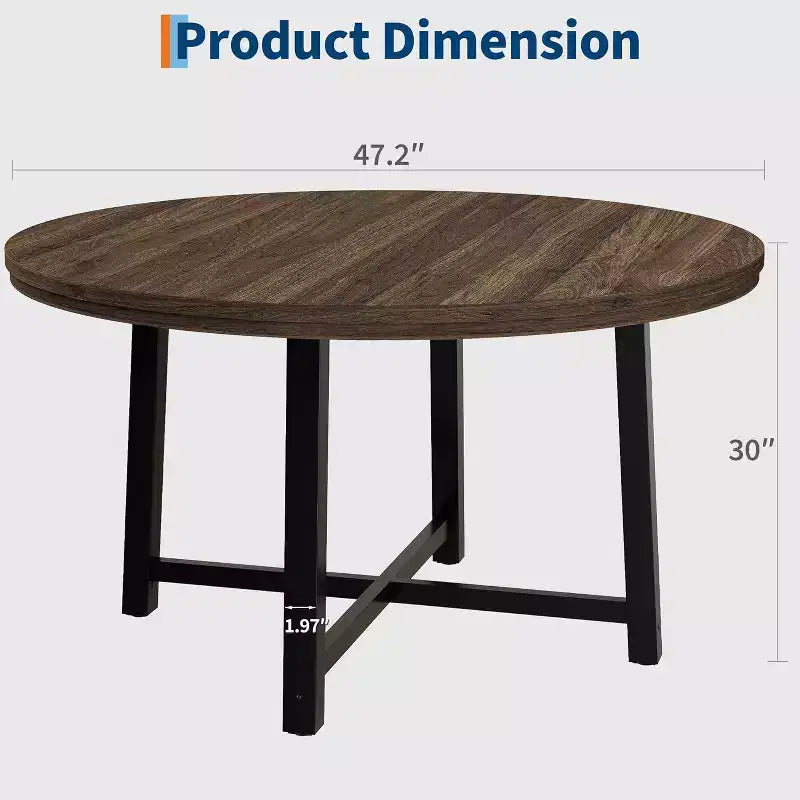 Table à manger ronde de 120 cm pour 4 personnes, table de salle à manger de cuisine avec cadre en métal robuste, table de cuisine circulaire en bois pour gagner de la place