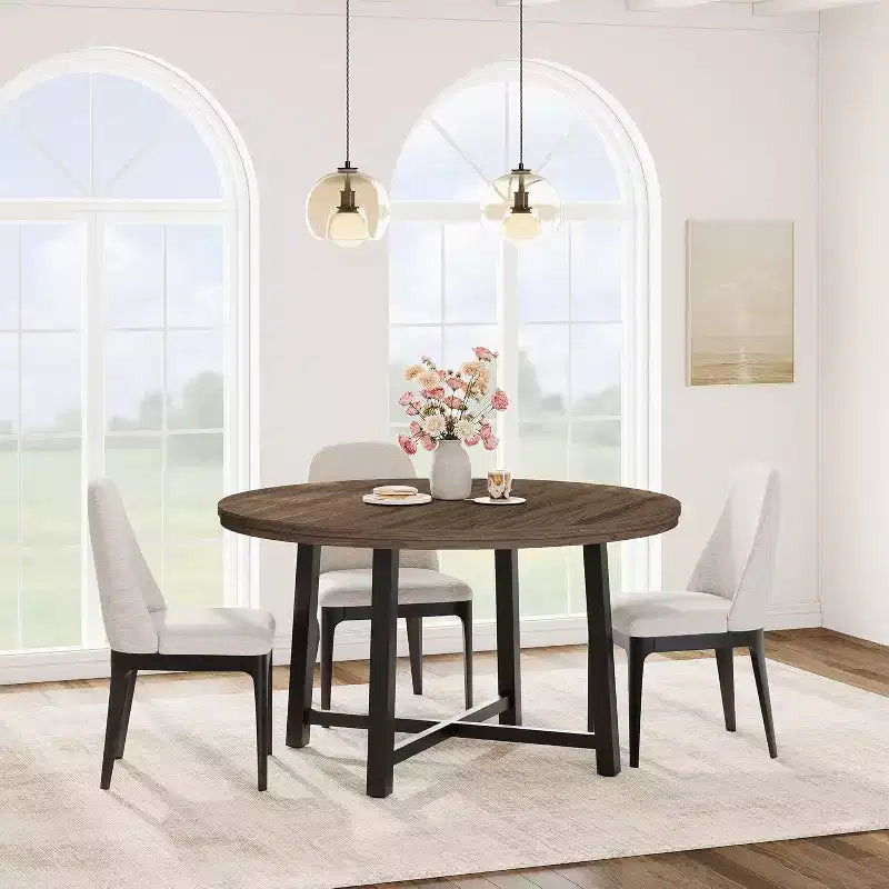 Table à manger ronde de 120 cm pour 4 personnes, table de salle à manger de cuisine avec cadre en métal robuste, table de cuisine circulaire en bois pour gagner de la place
