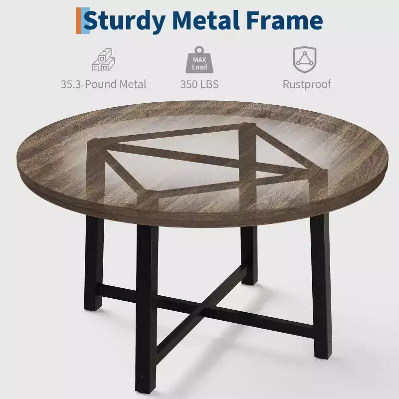 Table à manger ronde de 120 cm pour 4 personnes, table de salle à manger de cuisine avec cadre en métal robuste, table de cuisine circulaire en bois pour gagner de la place