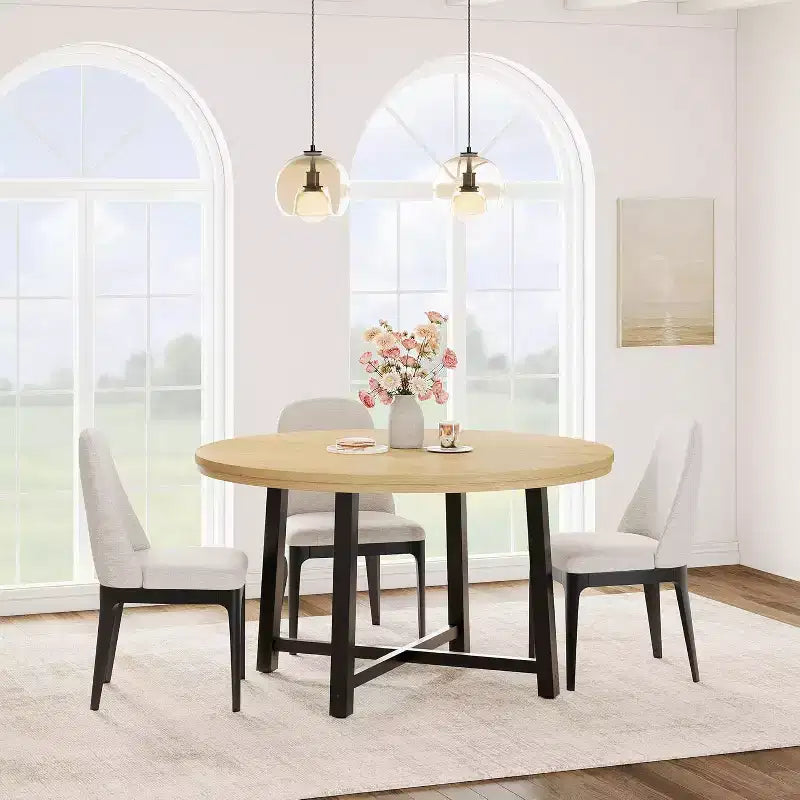Table à manger ronde de 120 cm pour 4 personnes, table de salle à manger de cuisine avec cadre en métal robuste, table de cuisine circulaire en bois pour gagner de la place