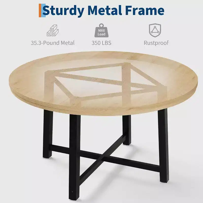Table à manger ronde de 120 cm pour 4 personnes, table de salle à manger de cuisine avec cadre en métal robuste, table de cuisine circulaire en bois pour gagner de la place