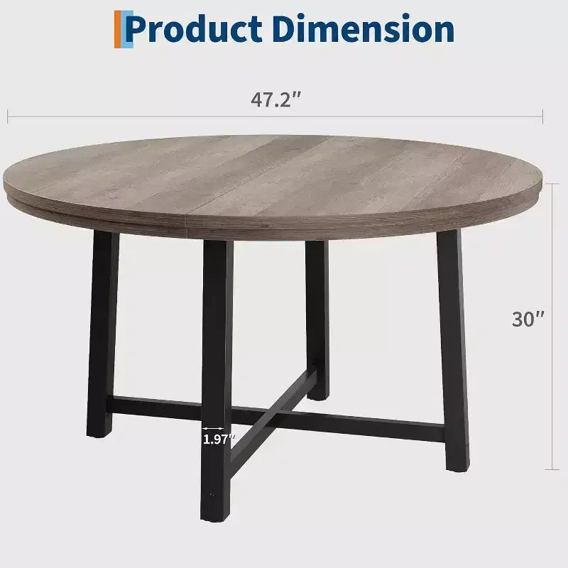 Table à manger ronde de 120 cm pour 4 personnes, table de salle à manger de cuisine avec cadre en métal robuste, table de cuisine circulaire en bois pour gagner de la place