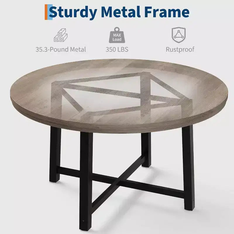 Table à manger ronde de 120 cm pour 4 personnes, table de salle à manger de cuisine avec cadre en métal robuste, table de cuisine circulaire en bois pour gagner de la place