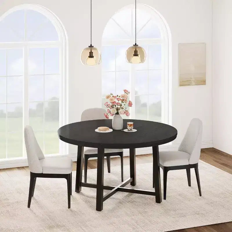 Table à manger ronde de 120 cm pour 4 personnes, table de salle à manger de cuisine avec cadre en métal robuste, table de cuisine circulaire en bois pour gagner de la place