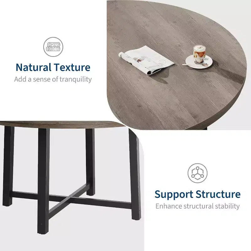 Table à manger ronde de 120 cm pour 4 personnes, table de salle à manger de cuisine avec cadre en métal robuste, table de cuisine circulaire en bois pour gagner de la place