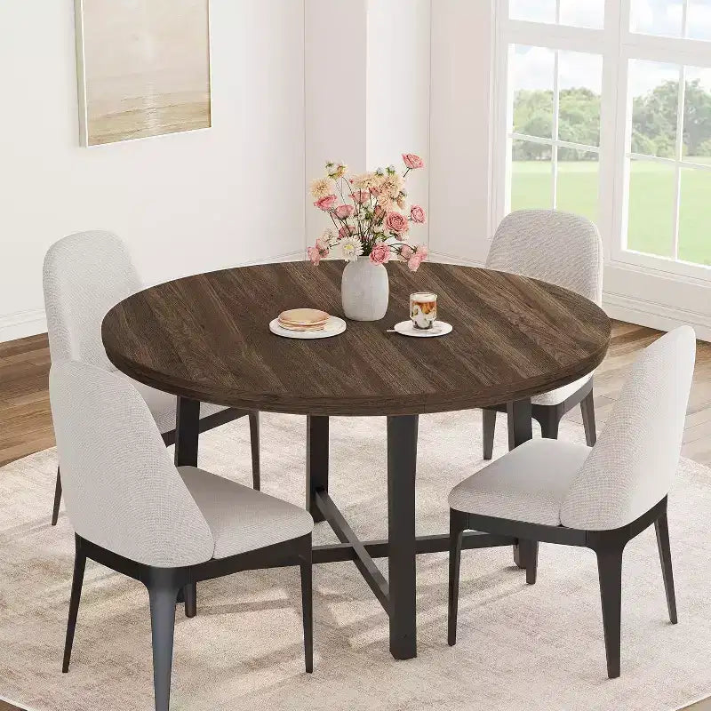 Table à manger ronde de 120 cm pour 4 personnes, table de salle à manger de cuisine avec cadre en métal robuste, table de cuisine circulaire en bois pour gagner de la place