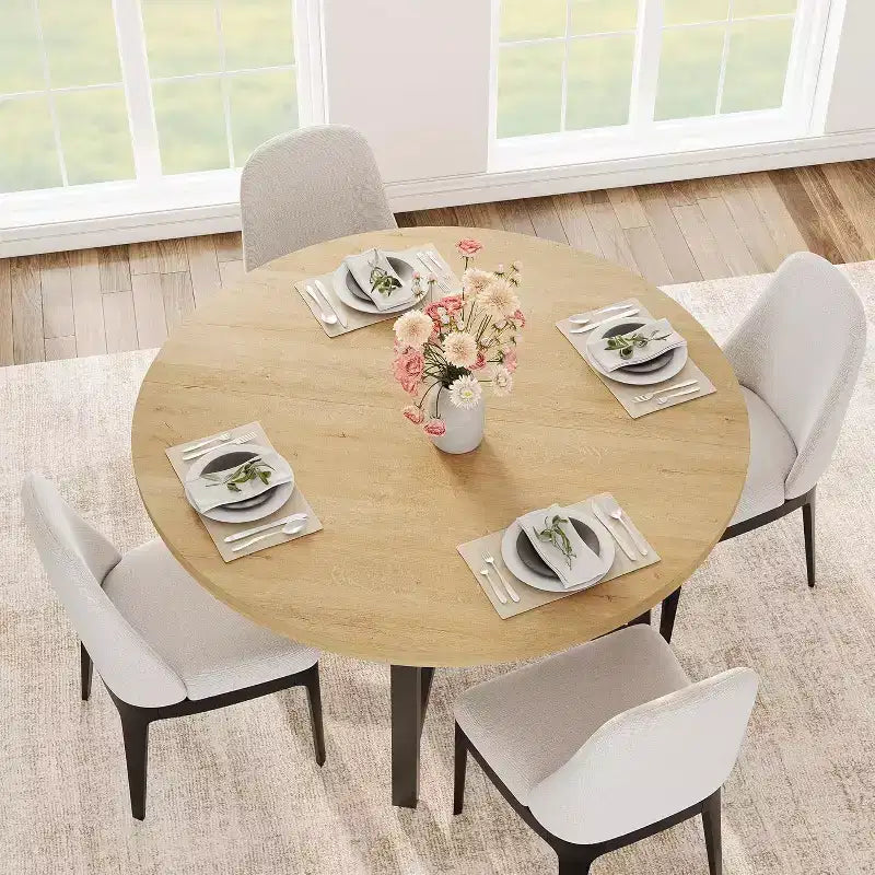 Table à manger ronde de 120 cm pour 4 personnes, table de salle à manger de cuisine avec cadre en métal robuste, table de cuisine circulaire en bois pour gagner de la place
