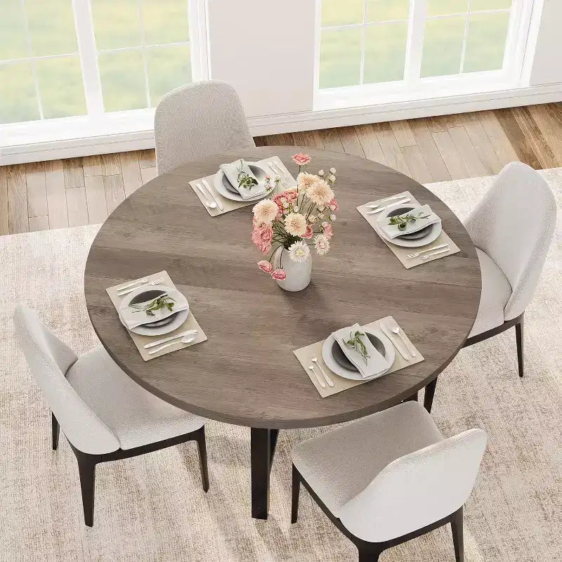 Table à manger ronde de 120 cm pour 4 personnes, table de salle à manger de cuisine avec cadre en métal robuste, table de cuisine circulaire en bois pour gagner de la place