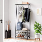 Porte-manteau multifonctionnel moderne avec banc et rangement à chaussures, porte-manteaux à 5 crochets avec cadre en métal et aspect bois pour entrée, couloir et chambre à coucher